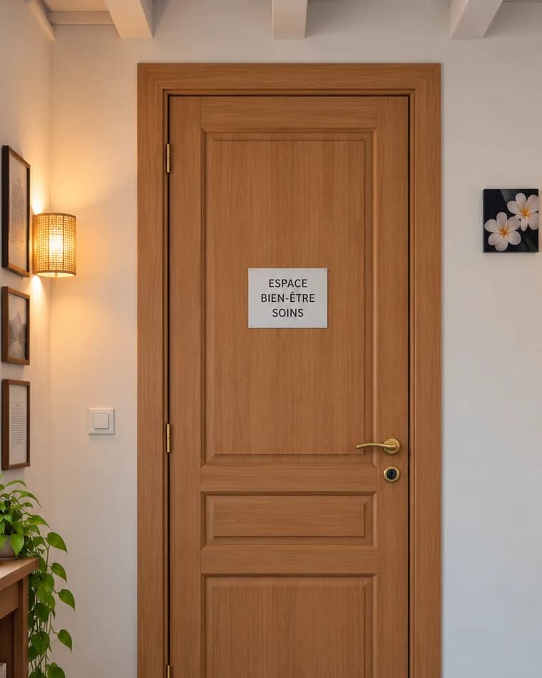 La porte du cabinet, marquée « Espace bien-être, soins »