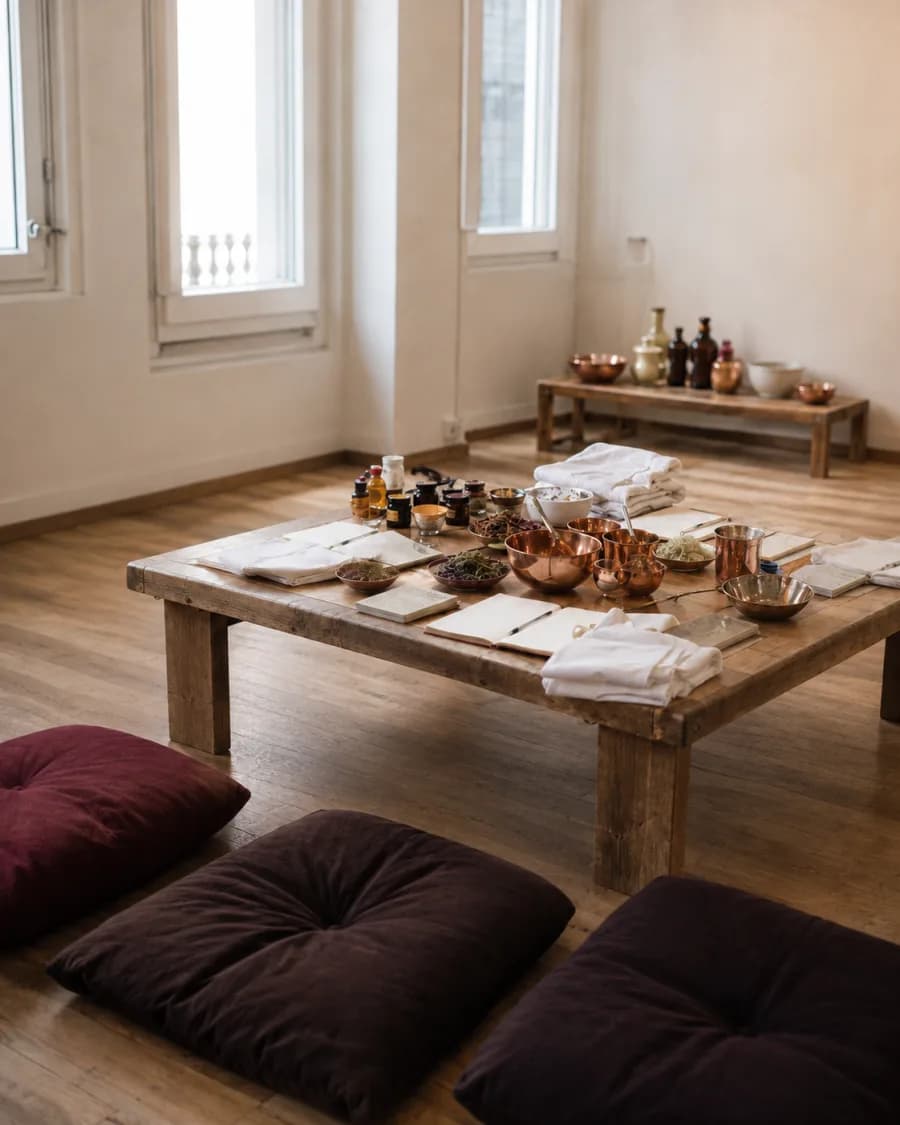 Salle de séminaire ayurvédique : table basse garnie d’huiles, de bols de cuivre et de carnets, coussins de sol disposés autour